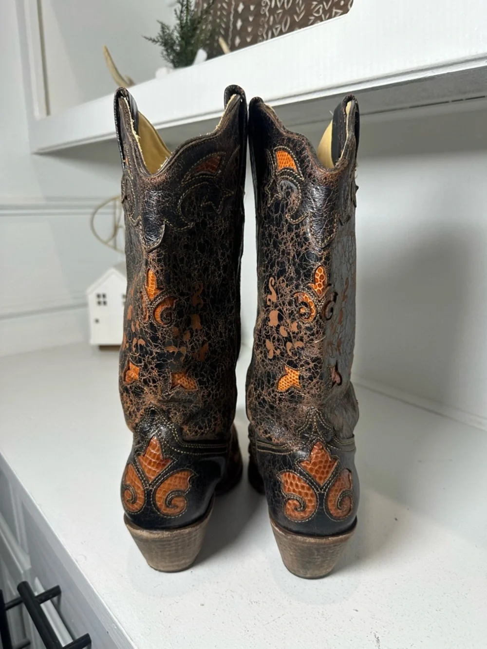 Corral Boots Lizard Inlay Cowboy Womens 8.5M Distressed Brown Leather Western - Picture 6 of 9